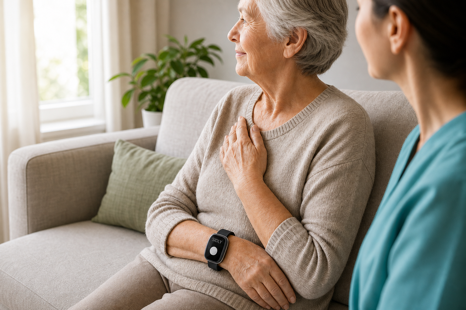 Una persona anziana seduta in un ambiente domestico, con un dispositivo da polso, accanto a una caregiver